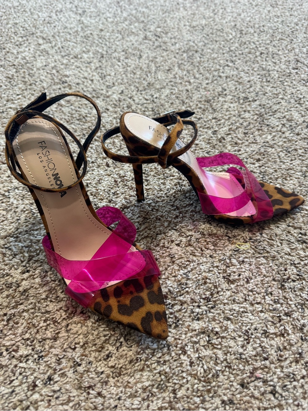 Fashion Nova Leopard Pointed Heels with Hot Pink Clear Straps - Picture 2 of 5